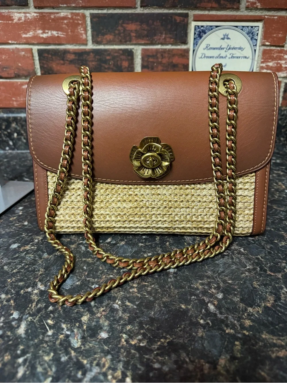 Coach Parker 18 69624 Tea Rose Straw Leather Chain Shoulder Bag Crossbody Rare